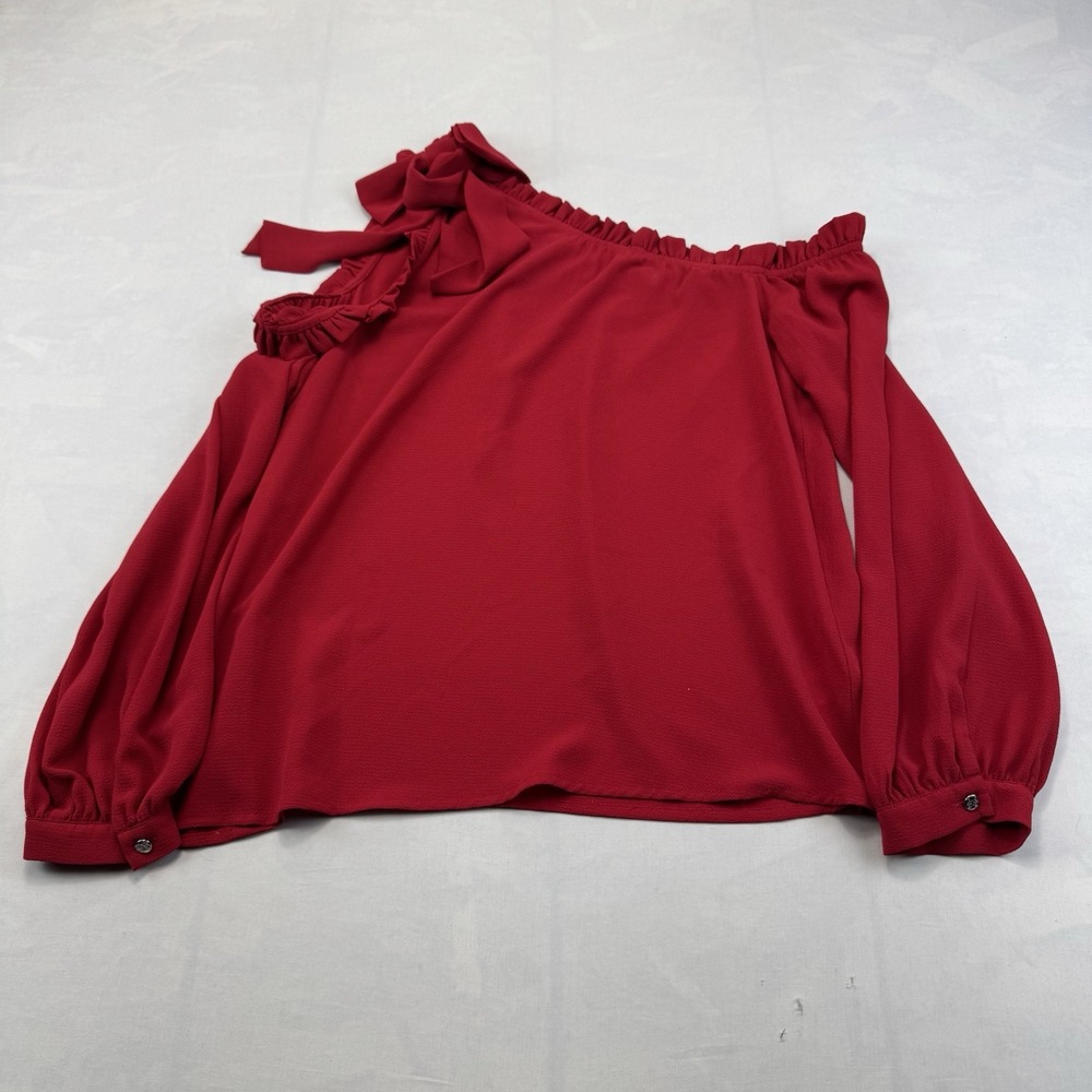 CeCe Womens Blouse Size M Red Off Shoulder Bow Tie Ruffle Long Sleeve Top
